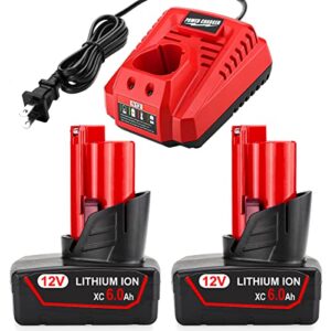 Energup 12V 6Ah 2Pack Battery for Milwaukee 12-Volt Battery M12 for Milwaukee 48-11-2440 48-11-2411 48-11-2410 + 48-59-2401 12Volt Milwaukee M12 Battery Charger