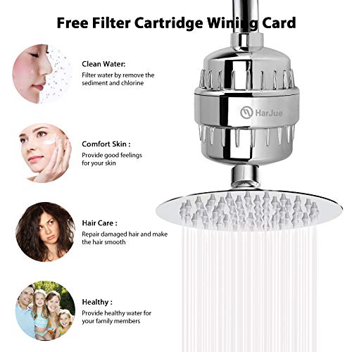 HarJue Filtered Shower Head, High Pressure Showerhead with Filter Combo for Hard Water, Remove Chlorine Fluoride and Harmful Substances- 1 Replaceable Filter Cartridge, Chrome (Without Handheld)