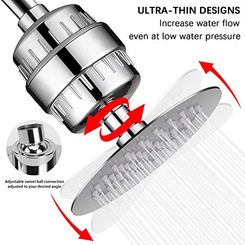 HarJue Filtered Shower Head, High Pressure Showerhead with Filter Combo for Hard Water, Remove Chlorine Fluoride and Harmful Substances- 1 Replaceable Filter Cartridge, Chrome (Without Handheld)