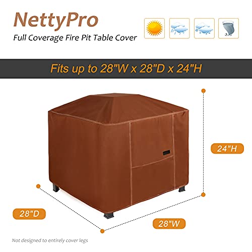 NettyPro Gas Fire Pit Cover Square 28 inch Waterproof Heavy Duty Patio Firepit Cover Square for Outdoor Propane Fire Pit Table, Brown