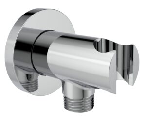 aquaiaw wall supply elbow with o-ring flange, tapered 1/2 npt female inlet, solid brass wall union w/handshower holder, round wall supply elbow w/hand shower bracket, polished chrome, g1/2 outlet