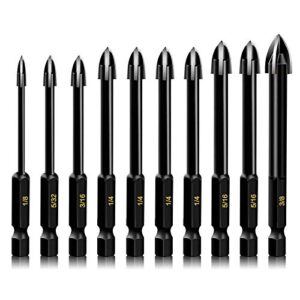 10-piece glass concrete drill bit set, masonry drill bits for brick, plastic and wood, hex shank tungsten carbide tip drilling tools for mirror and ceramic tile on concrete and brick wall.