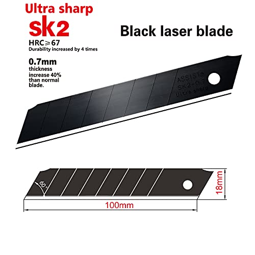 ASSIST 60-Pack 18mm Snap-off Blades,Nice Tempered Black Blade, SK2 High-Carbon Steel Replacement for all 18mm Utility Knife & Box Cutter