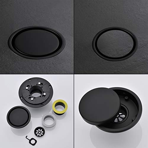 Orhemus 4 Inch Round Design Tile-in Shower Drain with Adjustable Shower Drain Base Flange, SUS 304 Stainless Steel Floor Drain with Tile Insert Grate Removable Cover, Matte Black Finished