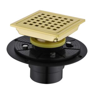 orhemus 4 inch square shower drain with adjustable shower drain base flange, sus 304 stainless steel floor drain with removable cover grid grate, brushed gold brass finished