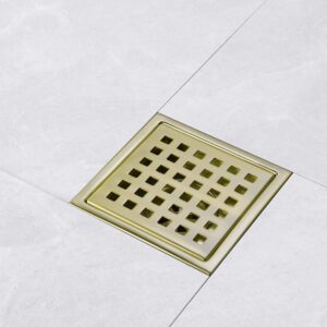 Orhemus 4 Inch Square Shower Drain with Adjustable Shower Drain Base Flange, SUS 304 Stainless Steel Floor Drain with Removable Cover Grid Grate, Brushed Gold Brass Finished