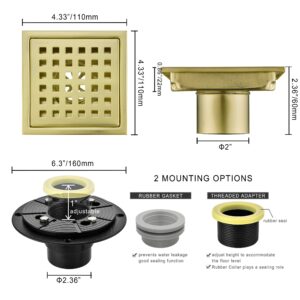 Orhemus 4 Inch Square Shower Drain with Adjustable Shower Drain Base Flange, SUS 304 Stainless Steel Floor Drain with Removable Cover Grid Grate, Brushed Gold Brass Finished
