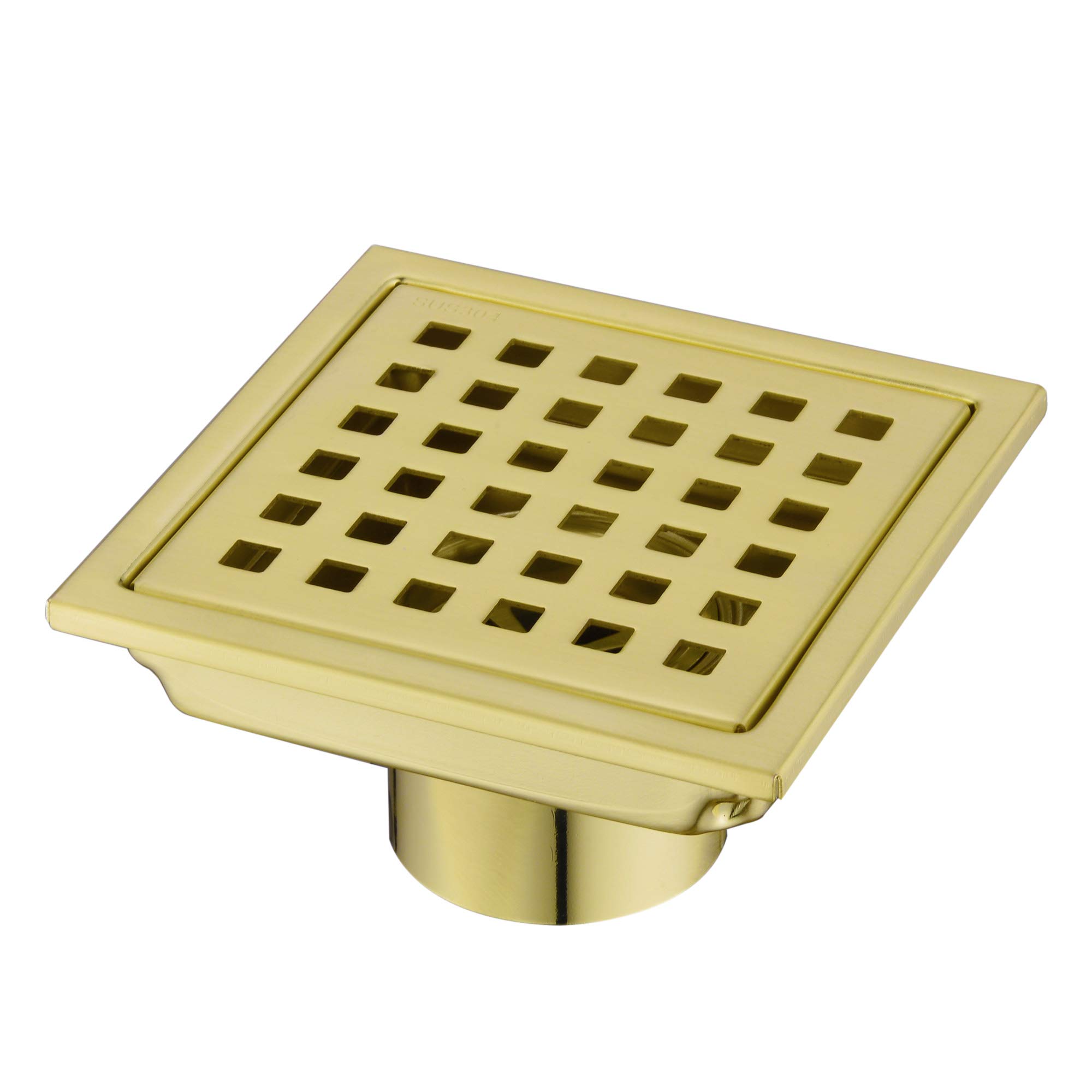 Orhemus 4 Inch Square Shower Drain with Adjustable Shower Drain Base Flange, SUS 304 Stainless Steel Floor Drain with Removable Cover Grid Grate, Brushed Gold Brass Finished