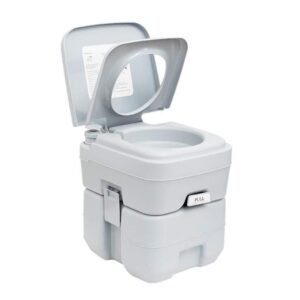 portable toilet 5 gallon, outdoor travel mobile flush toilet camping porta potty durable leak proof flushable rv toilet easy to use with detachable tanks (grey, piston flush pump)