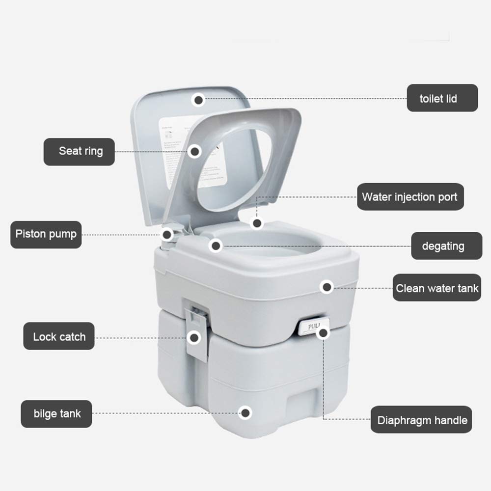 Portable Toilet 5 Gallon, Outdoor Travel Mobile Flush Toilet Camping Porta Potty Durable Leak Proof Flushable RV Toilet Easy to use With Detachable Tanks (Grey, Piston Flush Pump)