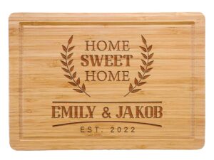 customized new home housewarming gift, home owner couple gift ideas, personalized home sweet home bamboo cutting board present for first home buyer, real estate engraved gifts for new home buyer gift