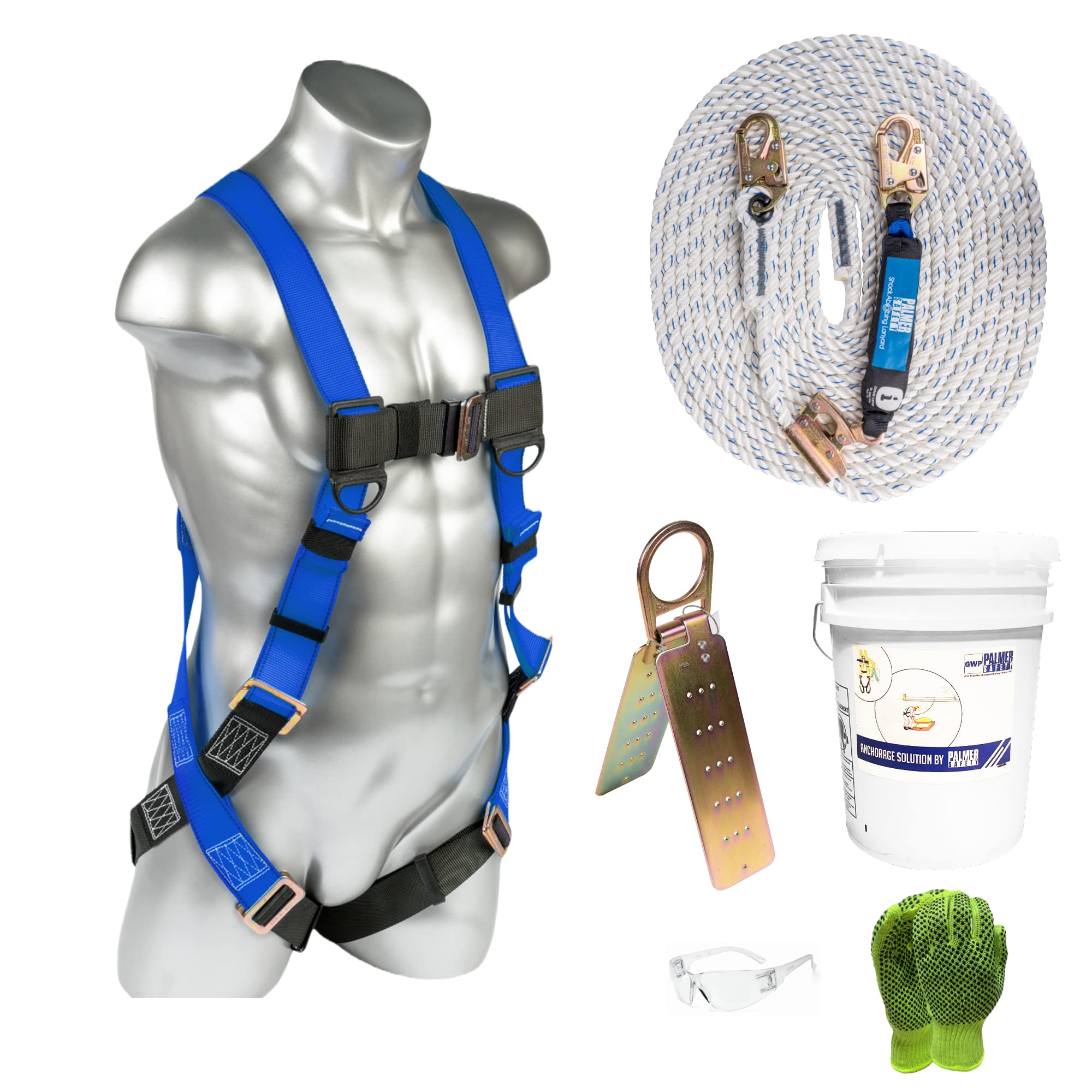 Palmer Safety Harness, 50ft Vertical Rope and Anchor Set I Construction Fall Arrest Kit for Roofers and Construction Workers I OSHA and ANSI Compliant Equipment