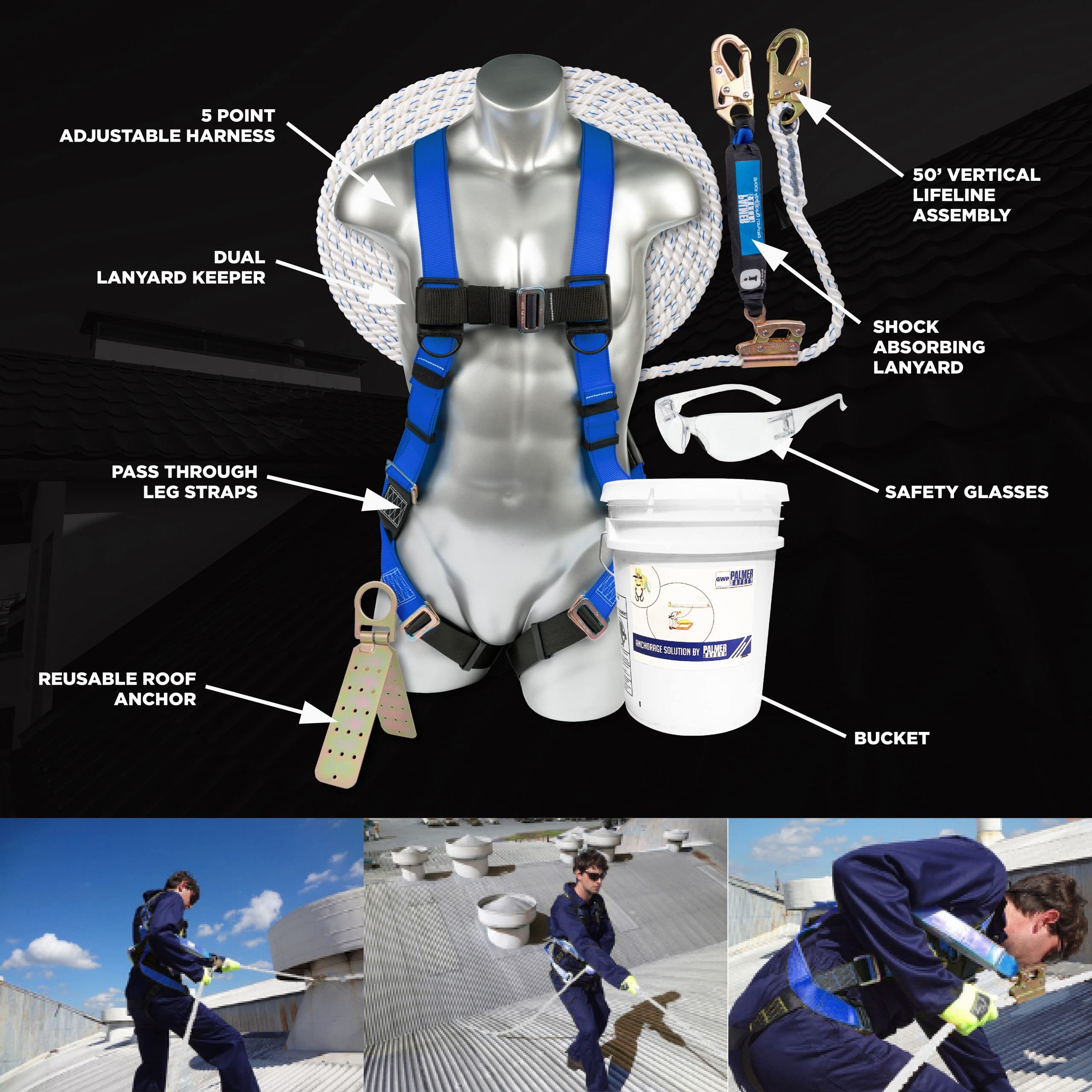 Palmer Safety Harness, 50ft Vertical Rope and Anchor Set I Construction Fall Arrest Kit for Roofers and Construction Workers I OSHA and ANSI Compliant Equipment