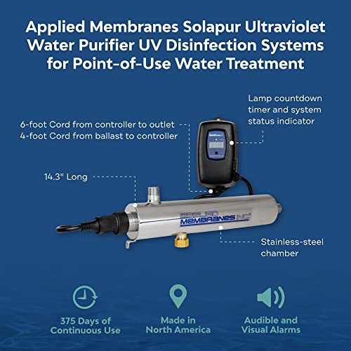 APPLIED MEMBRANES INC. Solapur Ultraviolet Water Purifier UV Sterilizer Filter for Point of Use Drinking Water Purification | 3 GPM | Helios Series UV-SPH-3