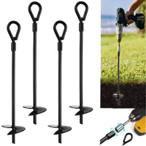 VASGOR 20” Ground Anchors (4pcs) Easy to Use with Drill, 3" Helix Diameter, Heavy Duty Anchor Hook for Camping Tent, Canopies, Car Ports, Sheds, Swing Sets, Securing Animals – Black Powder Coated