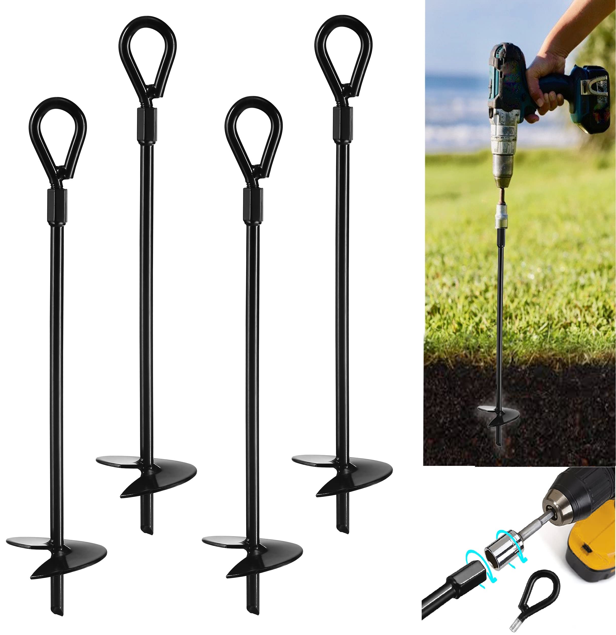 VASGOR 20” Ground Anchors (4pcs) Easy to Use with Drill, 3" Helix Diameter, Heavy Duty Anchor Hook for Camping Tent, Canopies, Car Ports, Sheds, Swing Sets, Securing Animals – Black Powder Coated