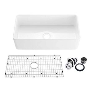 kibi k2-sf36 single bowl heat safe glazing fireclay farmhouse kitchen sink apron front 36 inch with bottom grid and strainer (pure series) (white)