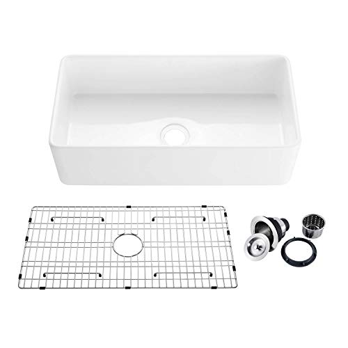 KIBI K2-SF36 Single Bowl Heat Safe Glazing Fireclay Farmhouse Kitchen Sink Apron Front 36 inch with Bottom Grid and Strainer (Pure series) (White)