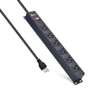 aluminum alloy metal shell power strip, overload protection, 6ft 14awg extension cord, 6 outlets with large spacing jacks, suitable for factory, black, specification: 15a/125vac/1875w/60hz