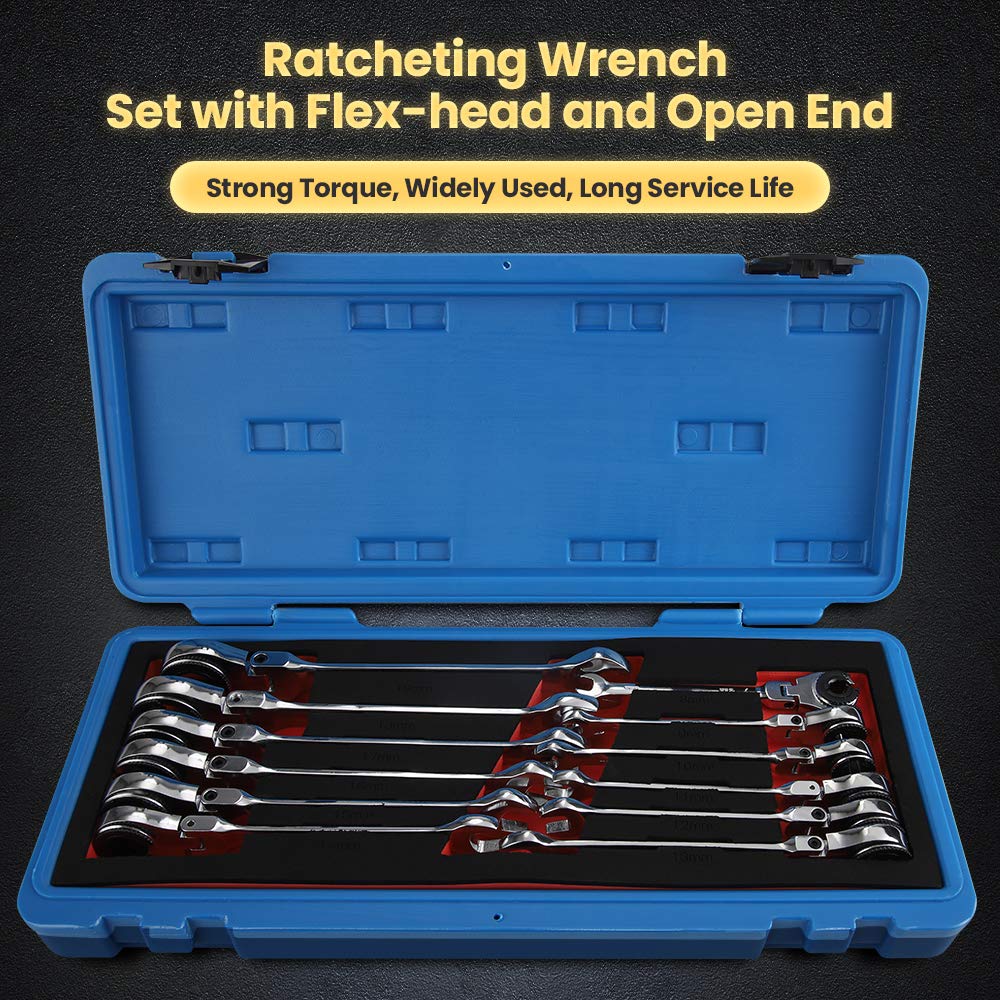 Anbull Ratcheting Wrench Set with Open Flex-head,12PCS Metric Tubing Combination Wrench Set,Tubing Ratchet Wrench