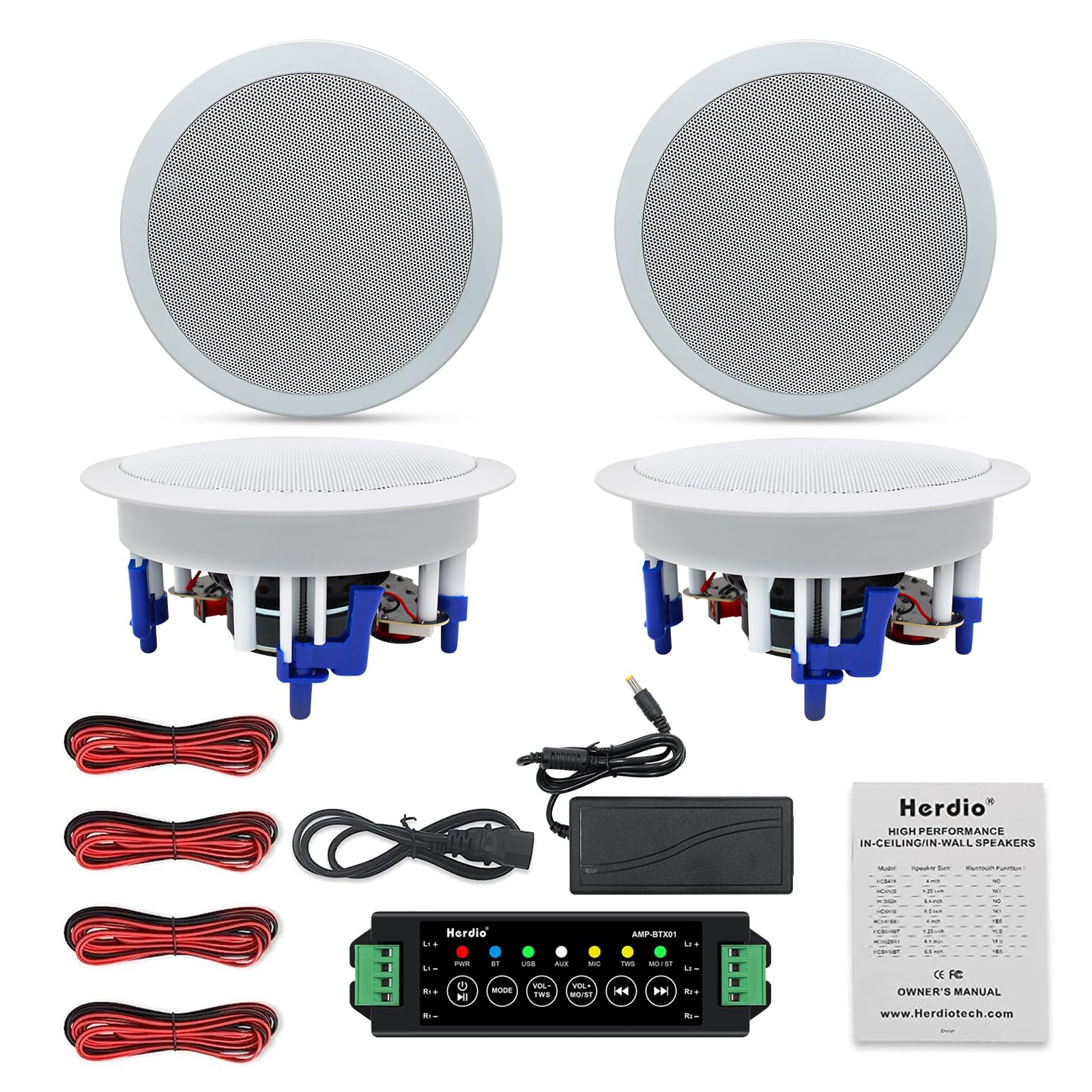 Herdio 5.25” Flush Mount Bluetooth Ceiling Speaker System Max Power 600 Watts Perfect for Humid Indoor Outdoor, Kitchen,Bedroom,Bathroom,Home Theater,Covered Porches(4 Pcs)