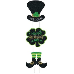 3 pieces st. patrick's day yard signs with stakes, st. patrick's day clover signs outdoor lawn decorations irish leprechaun horseshoe shamrock with happy st patrick's day sign with stakes