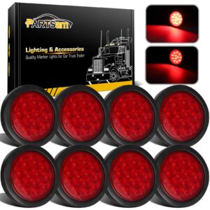 partsam 8pcs 4" round red led trailer tail light, 4 inch round led stop turn tail lights brake brake trailer lights for rv trucks, rubber grommets and 3-prong wire pigtails included