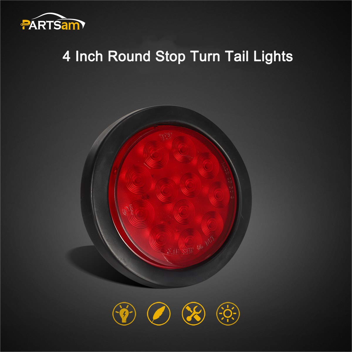 Partsam 8Pcs 4" Round Red LED Trailer Tail Light, 4 Inch Round Led Stop Turn Tail Lights Brake Brake Trailer Lights for RV Trucks, Rubber Grommets and 3-Prong Wire Pigtails Included
