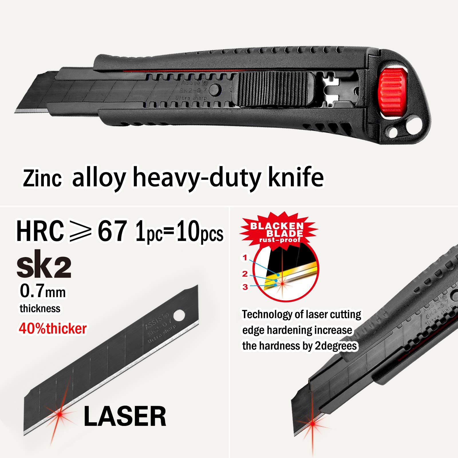 ASSIST Heavy Duty Utility Knife,Zinc Alloy Box Cutter，with Extra 10 Pcs SK2 High-Carbon Steel Black Premium Tempered Sharp Blades, Hand tool Christmas Gifts