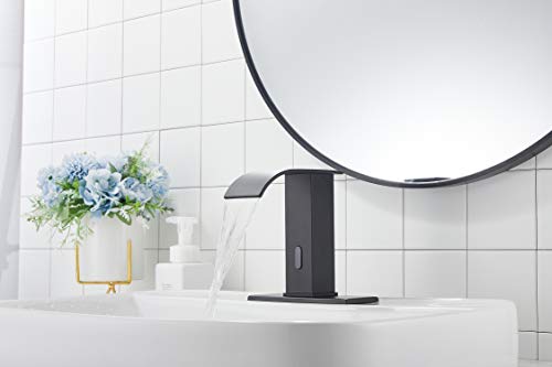 GGStudy Automatic Sensor Matte Black Touchless Bathroom Sink Faucet with Hole Cover Plate Vanity Faucets Hands Free Waterfall Bathroom Water Tap with Control Box and Temperature Mixer