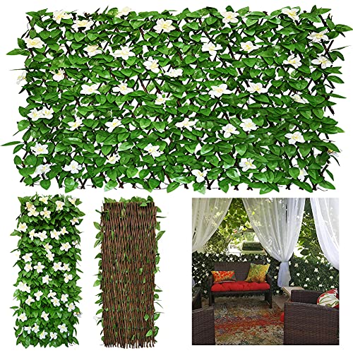 GLANT Expandable Fence Privacy Screen for Balcony Patio Outdoor,Decorative Faux Ivy Fencing Panel,Artificial Hedges (Single Sided Leaves) (1, Green-Flowers)