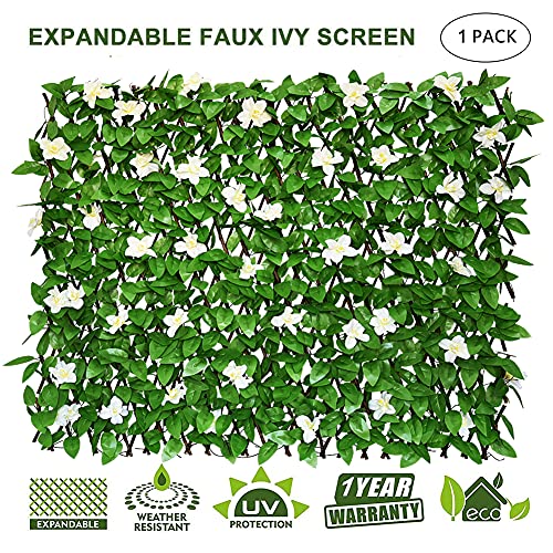 GLANT Expandable Fence Privacy Screen for Balcony Patio Outdoor,Decorative Faux Ivy Fencing Panel,Artificial Hedges (Single Sided Leaves) (1, Green-Flowers)