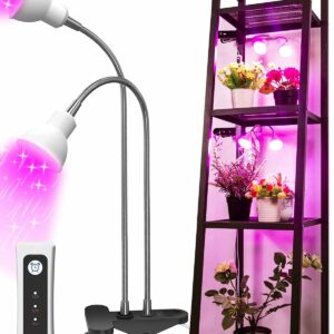 APLANT Grow Light for Indoor Plants, Desk Clip Plant Light with Cool White Red Blue LEDs,14W Flexible Dual Head Plant Lamp with Auto Timer 6/10/12H, Out of The Box Plant Grow Light for House Plants