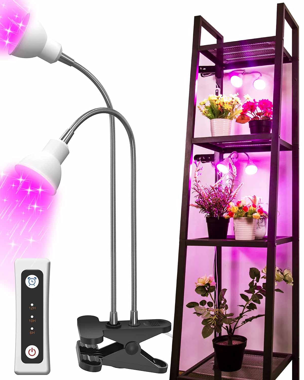 APLANT Grow Light for Indoor Plants, Desk Clip Plant Light with Cool White Red Blue LEDs,14W Flexible Dual Head Plant Lamp with Auto Timer 6/10/12H, Out of The Box Plant Grow Light for House Plants