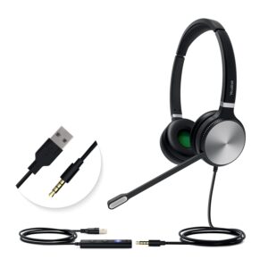 yealink uh36 professional wired headset - telephone headphones for calls and music, noise cancelling headset with mic for computer pc laptop（for teams optimized, stereo,3.5mm jack/usb connection）