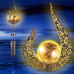 maggift outdoor solar wind chime for hanging, metal moon crackle glass ball warm led light sympathy wind chime, mobile hanging decorative patio lights for yard garden, gifts for mom women wife