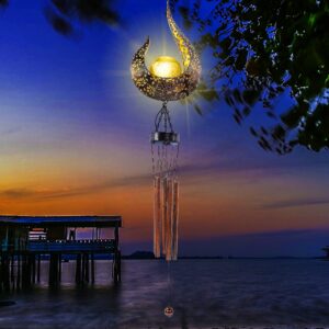 MAGGIFT Outdoor Solar Wind Chime for Hanging, Metal Moon Crackle Glass Ball Warm LED Light Sympathy Wind Chime, Mobile Hanging Decorative Patio Lights for Yard Garden, Gifts for Mom Women Wife