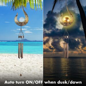 MAGGIFT Outdoor Solar Wind Chime for Hanging, Metal Moon Crackle Glass Ball Warm LED Light Sympathy Wind Chime, Mobile Hanging Decorative Patio Lights for Yard Garden, Gifts for Mom Women Wife