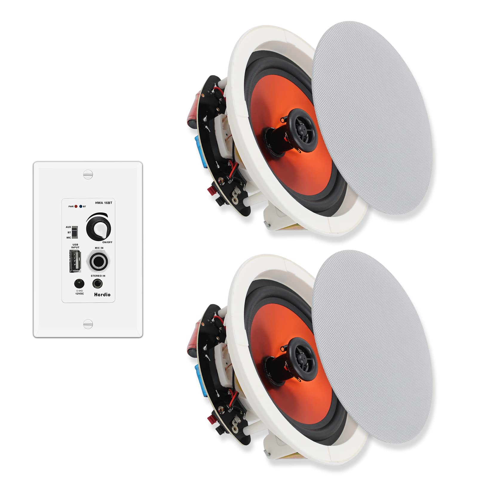 Herdio 6.5 Inch Ceiling Speakers Bluetooth (Pairs) 320 Watt Flush Mount in Wall Amplifier Receiver Perfect for Indoor Home & Covered Outdoor Porch