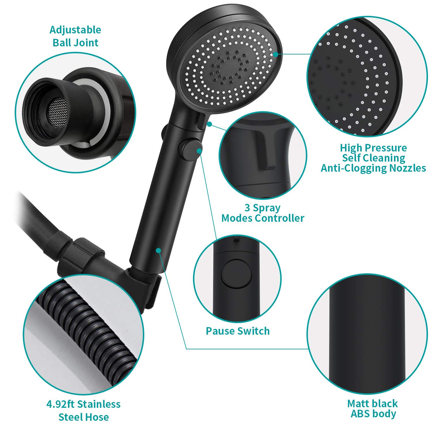 MIAOHUI Shower Head with Hose and on off Switch, 3 Setting High Pressure Handheld Shower Head, Removable Shower Head with hose, Adjustable Angle Bracket, Low-Reach Wand Holder, Black