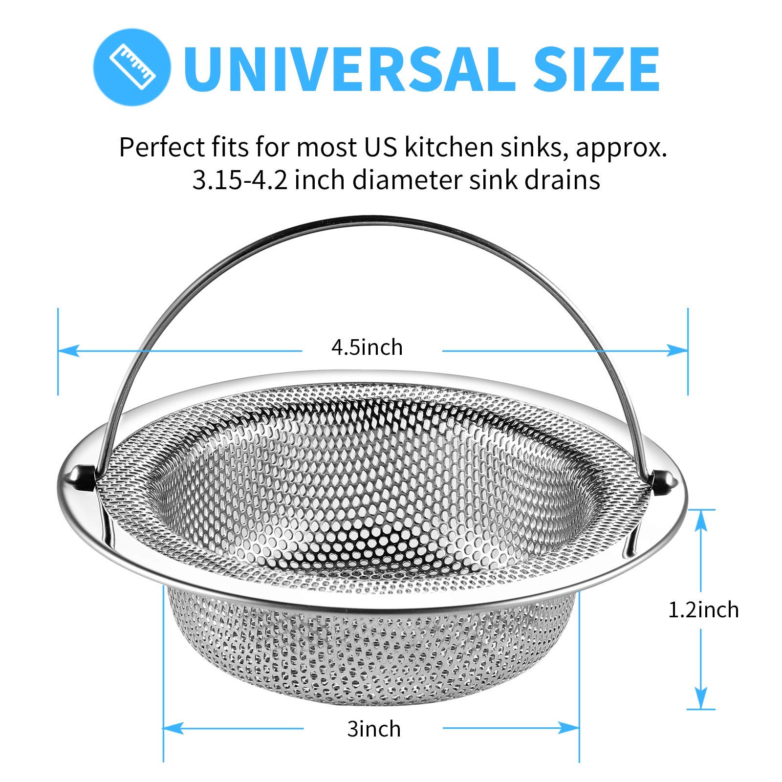 JULUJU 2 Pack Upgrade Kitchen Sink Strainer (Sink Drain Strainer) - 304 Stainless Steel Rust Free, Fordable Handle, 4.5 Inch Diameter