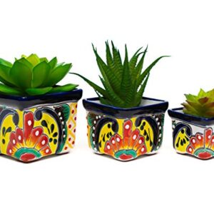 Enchanted Talavera Handmade Mexican Pottery Talavera Ceramic 3 Piece Set Succulent Pot Set Mini Flower Planter Cactus Pot Home Office Desk Décor Gift Small Shelf Desk Window Pottery (Multi-Color)