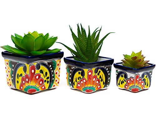 Enchanted Talavera Handmade Mexican Pottery Talavera Ceramic 3 Piece Set Succulent Pot Set Mini Flower Planter Cactus Pot Home Office Desk Décor Gift Small Shelf Desk Window Pottery (Multi-Color)