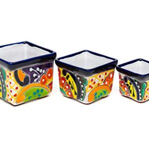 Enchanted Talavera Handmade Mexican Pottery Talavera Ceramic 3 Piece Set Succulent Pot Set Mini Flower Planter Cactus Pot Home Office Desk Décor Gift Small Shelf Desk Window Pottery (Multi-Color)