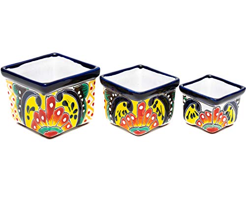 Enchanted Talavera Handmade Mexican Pottery Talavera Ceramic 3 Piece Set Succulent Pot Set Mini Flower Planter Cactus Pot Home Office Desk Décor Gift Small Shelf Desk Window Pottery (Multi-Color)