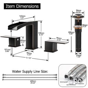 Phiestina 3-Hole 8-Inch Widespread 2 Handles Bathroom Faucet in Oil Rubbed Bronze, with Metal Pop Up Drain Assembly & CUPC Water Supply Lines, NS-WF002-1-ORB