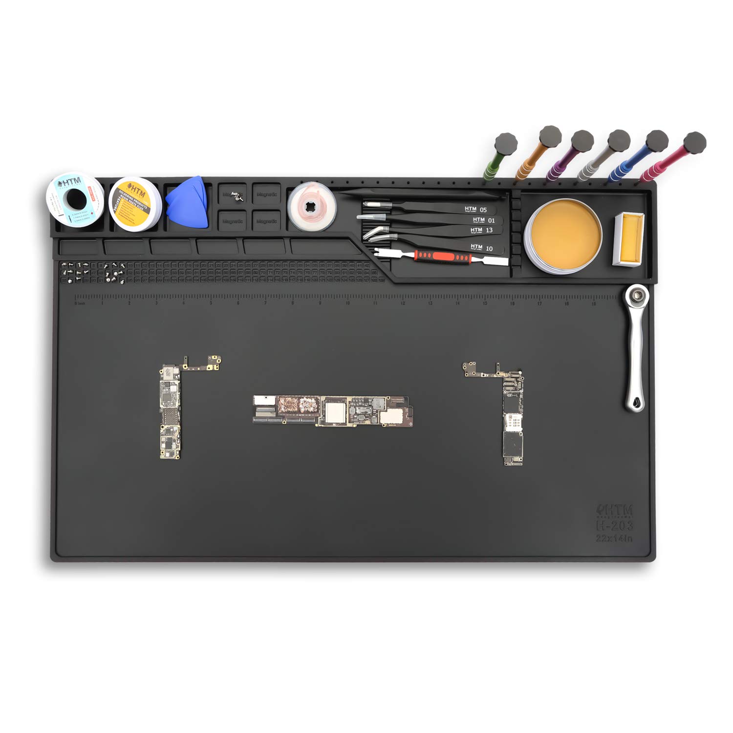 Htm-203 Black Magnetic Repair Work Mat Heat Resistant Large Silicone Soldering Mat Expand Work Area for Soldering, Electronics, Computer Repair Etc