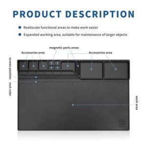 Htm-203 Black Magnetic Repair Work Mat Heat Resistant Large Silicone Soldering Mat Expand Work Area for Soldering, Electronics, Computer Repair Etc