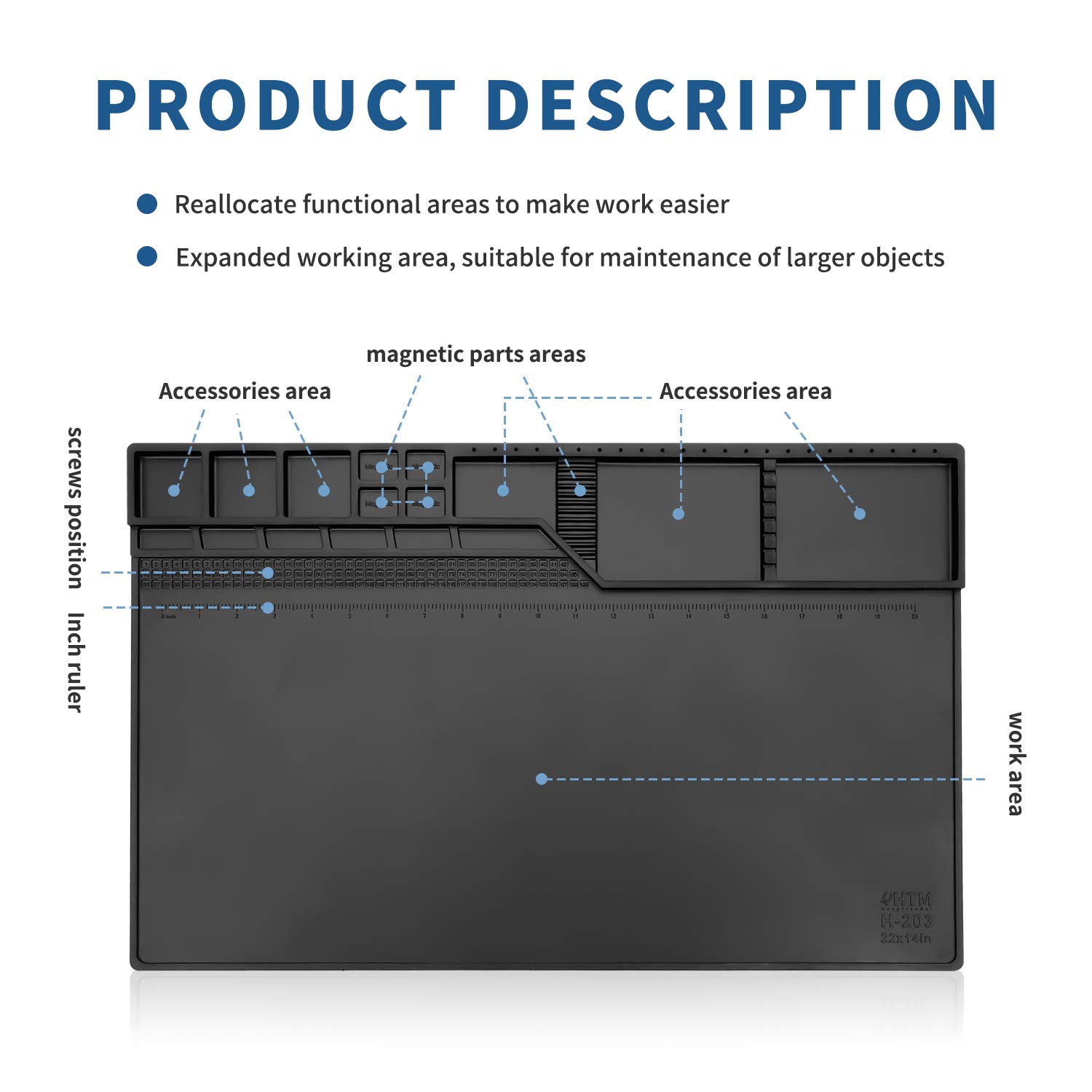 Htm-203 Black Magnetic Repair Work Mat Heat Resistant Large Silicone Soldering Mat Expand Work Area for Soldering, Electronics, Computer Repair Etc