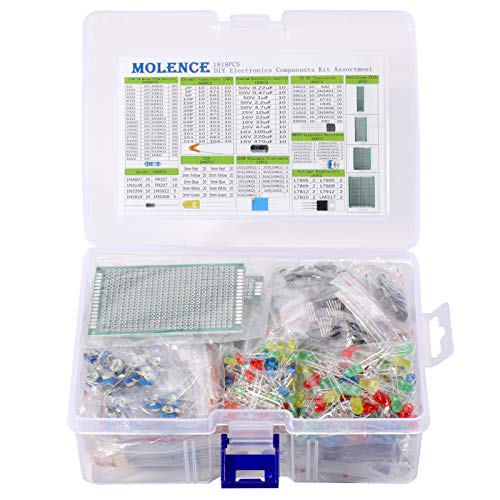 Molence DIY Electronics Components Kit Assortment, Resistors 1818PCS, LED, Triode, Capacitors, Diodes, PCB, Potentiometer, Variable Resistance, Stabilivolt for Arduino UNO MEGA2560 Raspberry Pi MCU